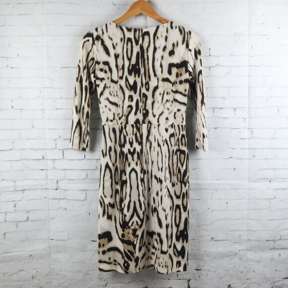 TAHARI ASL CREAM TAN & BLACK ANIMAL PRINT 3/4 SLEEVE MOCK WRAP MIDI DRESS SIZE 2 - Picture 10 of 12